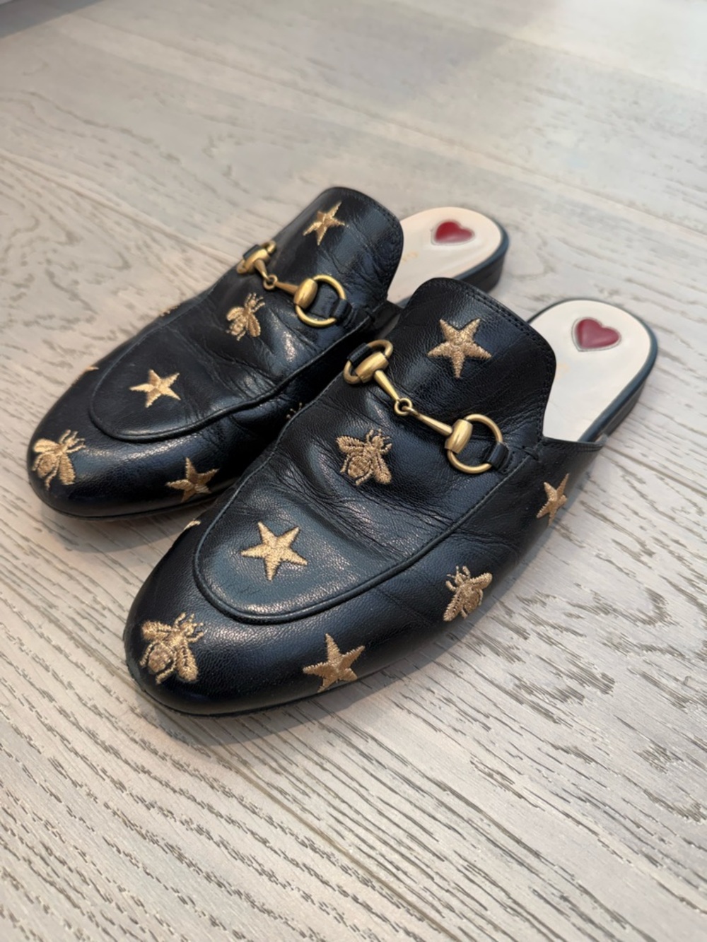 Gucci Black Leather Embroidered Bee & Star Horsebit Backless Loafers